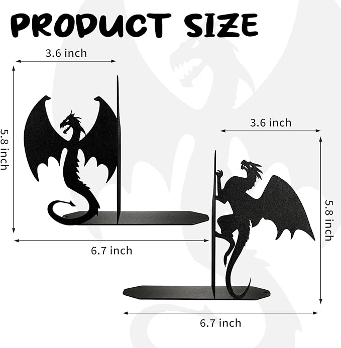 Dragon Bookends Decorative Metal Book Ends for Shelves, Unique Office Desk Bookends Cute Stoppers Reading, Bookshelf Decor for Office School Bedroom Gift for Dragon Lovers and Reading Enthusiasts