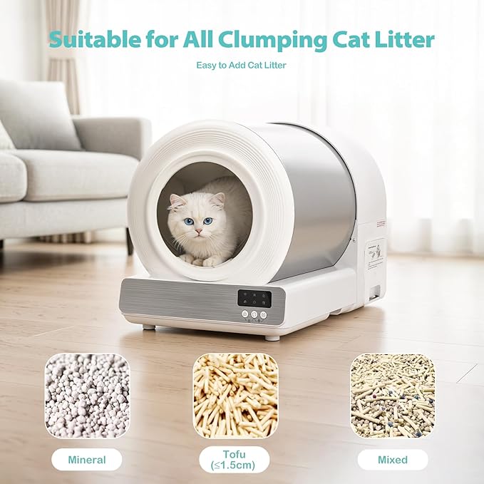 Stainless Steel Self-Cleaning Cat Litter Box, Smart APP Control Automatic Litter Box with Safety Sensors, Odor Control, Low-Entry, Large Capacity Design for Multiple Cats (White)
