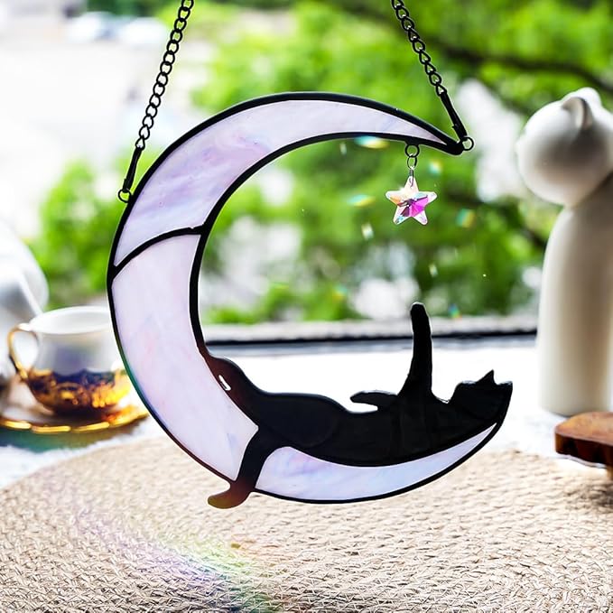 BOXCASA Black Cat Moon Suncatchers for Windows Hanging,Funny Stained Glass Cats Gift,Witchy Gifts for Women,Cats Themed Gifts for Women