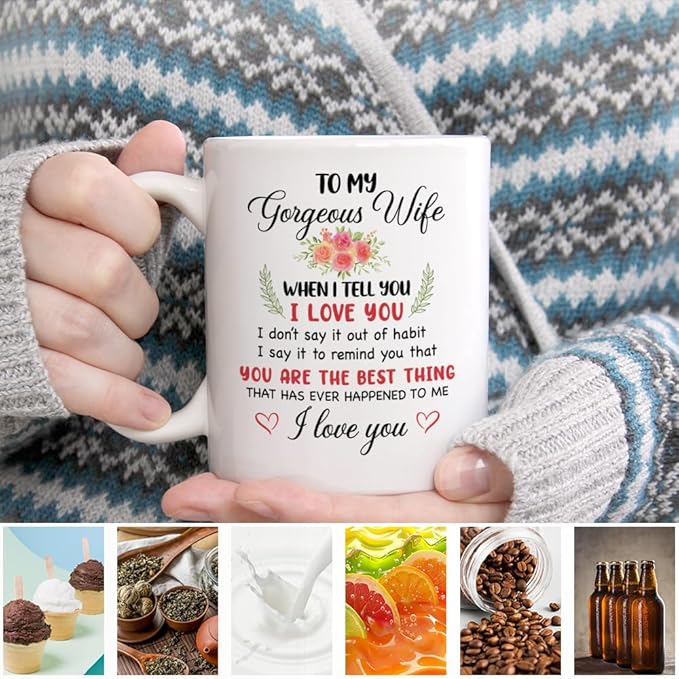 To My Gorgeous Wife Ceramic Coffee Mug for Women, Anniversary Birthday Romantic Gifts for Her Women Wife, Funny 11oz Christmas Day Gifts From Husband, Forever Love Valentine's Day Present