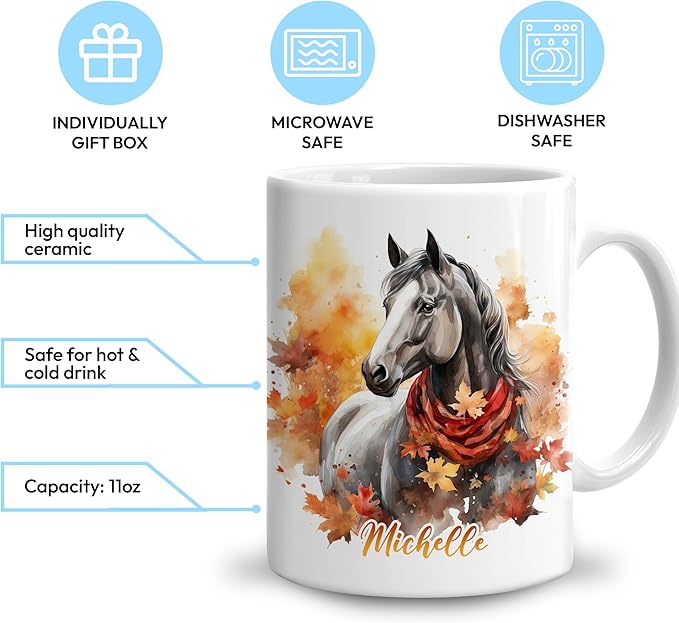 Hyturtle Personalized Fall Horse Maple Leaves Coffee Mug - Birthday Gifts For Horse Lovers - Fall Autumn Decor Gifts For Farmhouse Thanksgiving - Custom Name 11oz White Ceramic Coffee Tea Mug