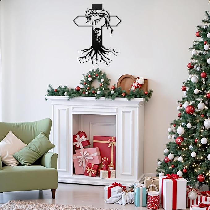 MDFUGEG Metal Cross Jesus Wall Decor-14.5x11.4in Black Religious Wall Art for Christian Catholic | Home Church Living Room Bedroom Decor, Baptism Mother's Day Religious Gifts