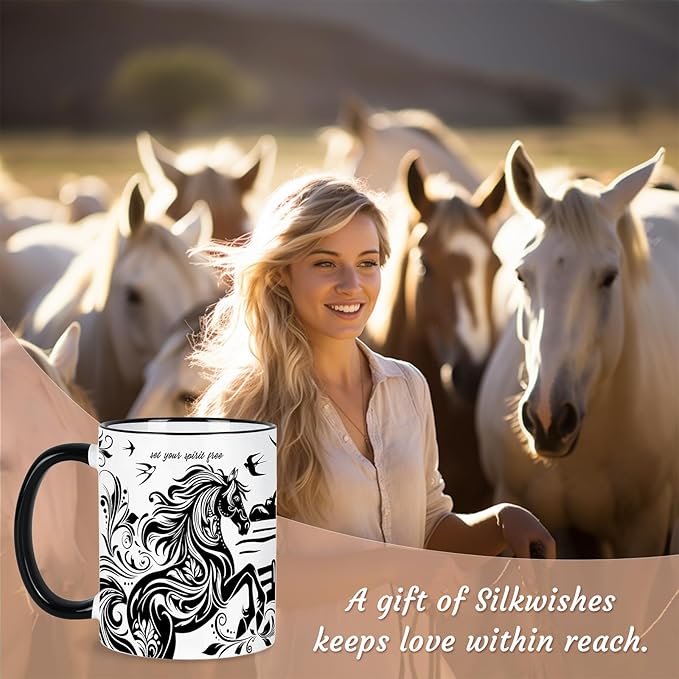 Horse Mug 11 Oz Horse Gifts Mothers Day Birthday Gifts for Women Men, Black and White Boho Mug Equestrian Gift Birthday Gift, Graduation Gift for Women Men, Ceramic Cup Microwave & Dishwasher Safe