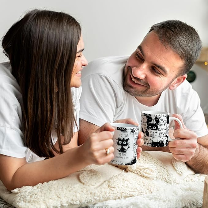 Cats Lover Gifts, Funny Black Cats Mug, Everything Is Fine Cat Mug, Birthday Christmas Gift for Kitty Mom, Crazy Cat Halloween Gifts, 11 Oz Coffee Cup