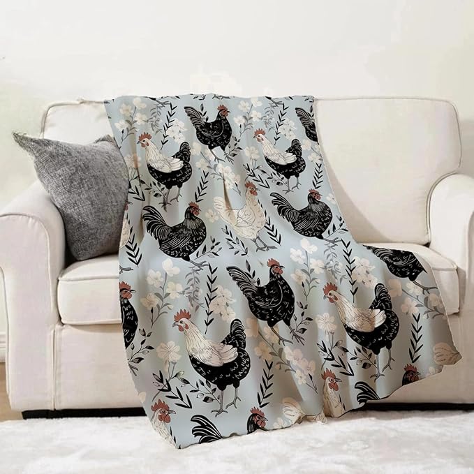 Farmhouse Chicken Blanket Gifts - Vintage Rooster Cozy Fleece Throw Blankets - Perfect for Farmhouse Decor, Country Homes, and Chicken Lovers - 50x60 Inches