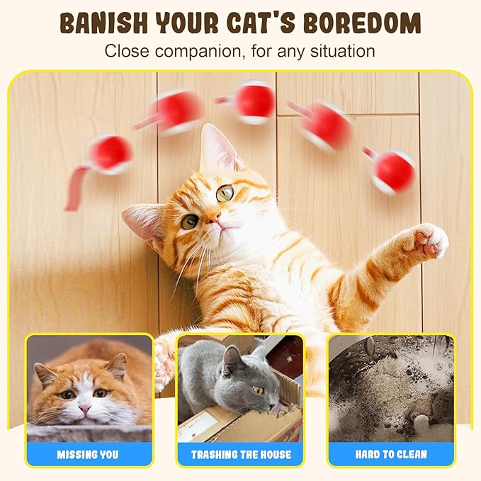 Smart Interactive Cat Ball Toy for Indoor Pets, 2025 New Automatic Rolling Toy with Tail, Electric Moving Cat Ball for Bored Cats and Dogs, Rechargeable and Durable Pet Toy for Cats and Dogs (Red)