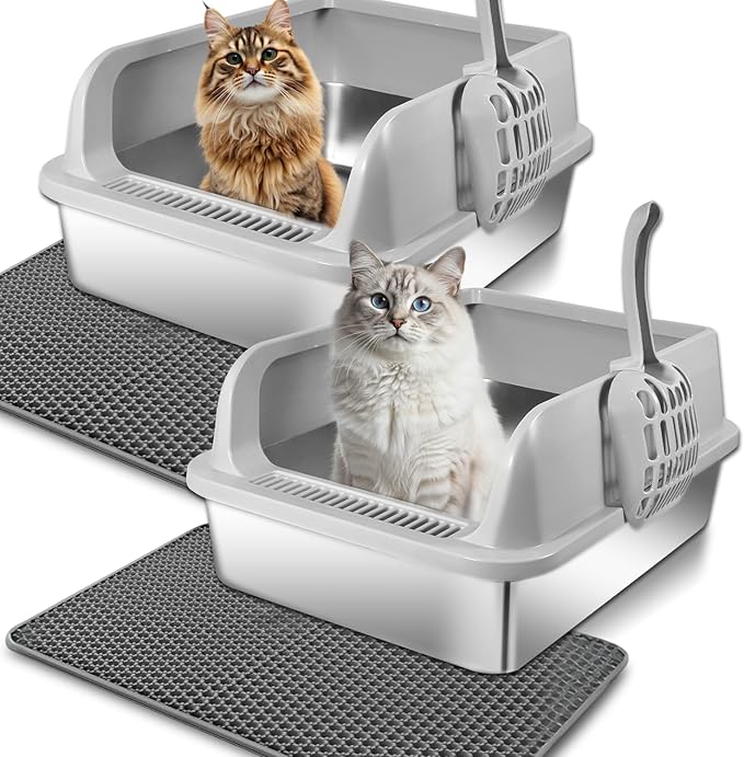 2 Pack Stainless Steel Cat Litter Box with Lid, High Wall Kitty Litter Box for Small Cats, Metal Kitty Litter Box, Non-Sticky, Anti-Leakage, Easy Cleaning, Include Cat Mat and Scoop, 17.2"x13.2"x7.7"