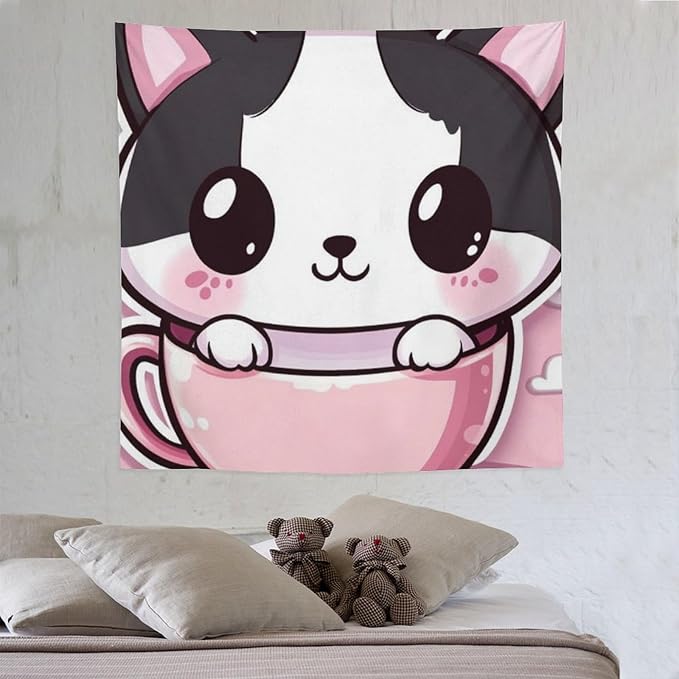 MaSiledy Tapestries Kawaii Cat Tapestry Animal Adorable Cat Wall Hanging Wall Tapestry Aesthetic Wall Art Home Decoration for Bedroom Living Room Dorm 60"x60" Tapestries for Bedroom Living Room Dorm