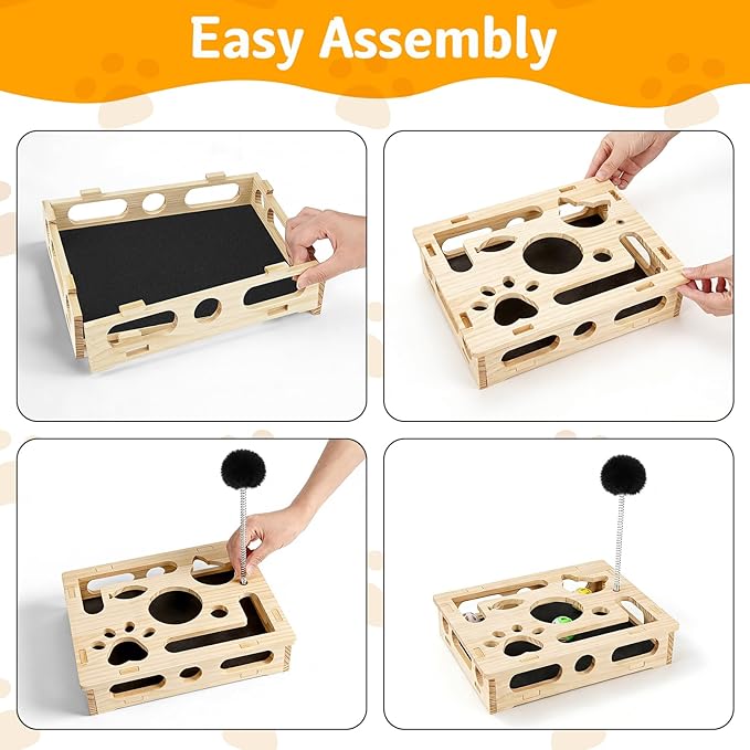 Interactive Wooden Cat Puzzle Toy for Indoor Cats Felt Maze Box with 3 Balls & 2 Cats Teasers, Cats Nail File Enrichment Box Hunting Exercise Toy for Kittens, Stimulating Cat Energy and Instincts