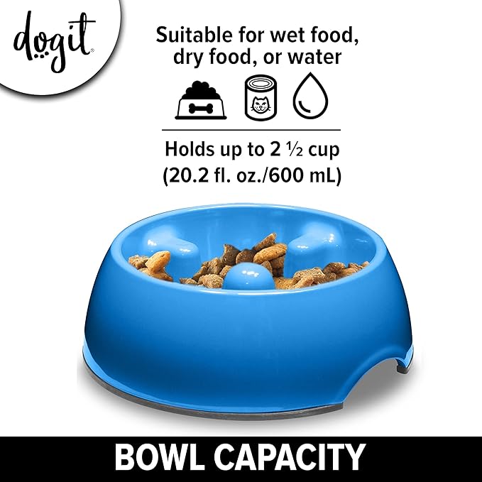 Dogit Dog Bowl Slow Feeder for Wet or Dry Dog Food, Go Slow Anti-Gulping Dog Dish, Blue, M