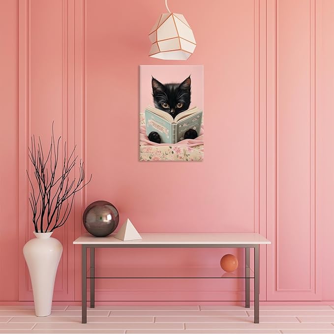 Vintage Cat Canvas Wall Art Funny Cute Cats Reading Books Poster Retro Pink Flower Abstract Animal Aesthetic Prints Painting For Girls Room Bedroom Kids Room Dorm Wall Decor 12x16in Framed