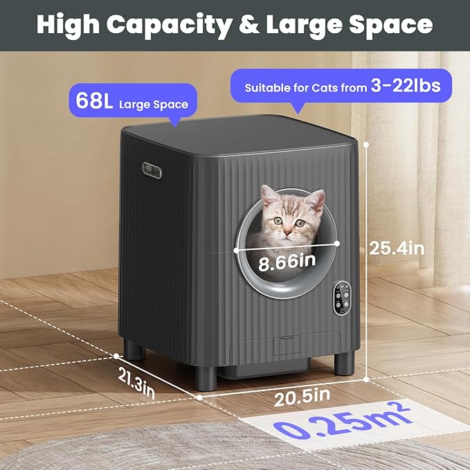 Self Cleaning Cat Litter Box,Electric Entrance Door Automatic Cat Litter Box,Video Monitor,Large Capacity for Multiple Cats with Mat-Anti-Pinch/Odor-Removal/APP Control