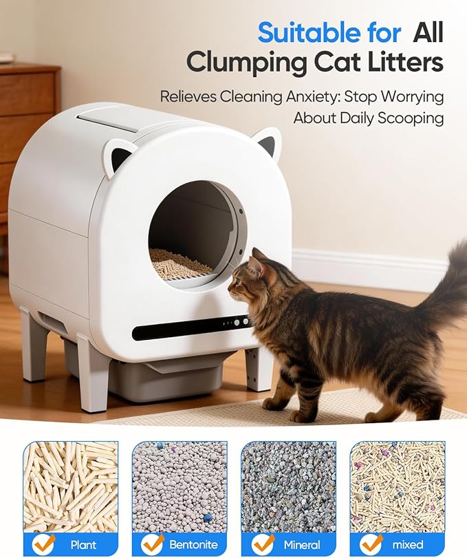 pupbay Automatic Cat Litter Box, Self Cleaning Litter Box 68L Large Capacity for Multiple Cats, App Control with Dual Safety Sensors, Anti-Pinch & Odor Control, Washable Liner & 2 Rolls Trash Bags