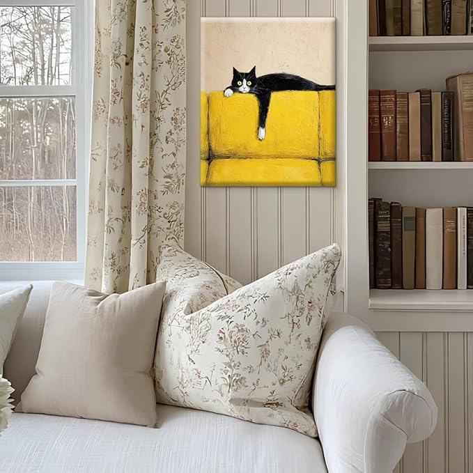 Vintage Black Cat Wall Art Decor Funny Kitten on Couch Print Picture Cat Lover Gifts Wall Decor for Home Living Room 8x10 Inch Canvas Framed