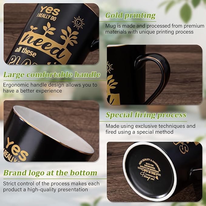 Gardening Gifts for Women Men - Cool Plant Lover Gift Coffee Mug, Garden Gifts for Gardeners, Plant Lady, Mom, Dad, Son, 14oz Black Ceramic Mug with Gold Print, Lid, Spoon Card, Luxury Gift Boxed