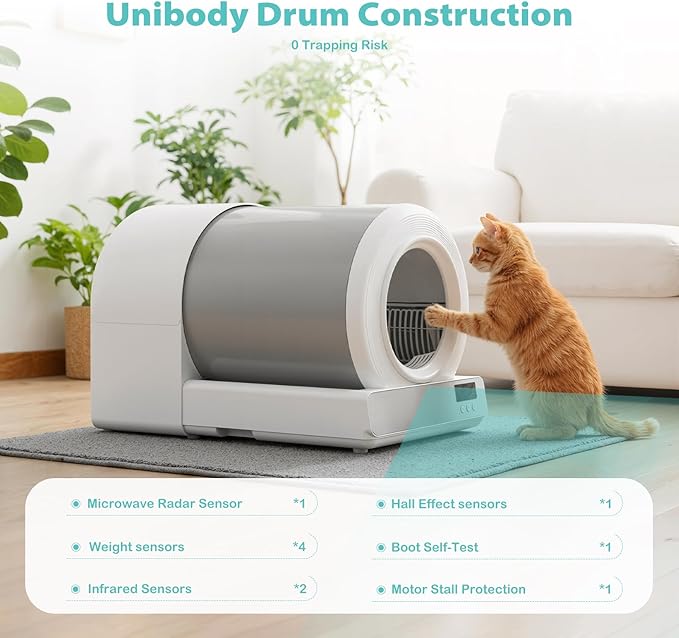 Stainless Steel Self-Cleaning Cat Litter Box, Smart APP Control Automatic Litter Box with Safety Sensors, Odor Control, Low-Entry, Large Capacity Design for Multiple Cats (White)