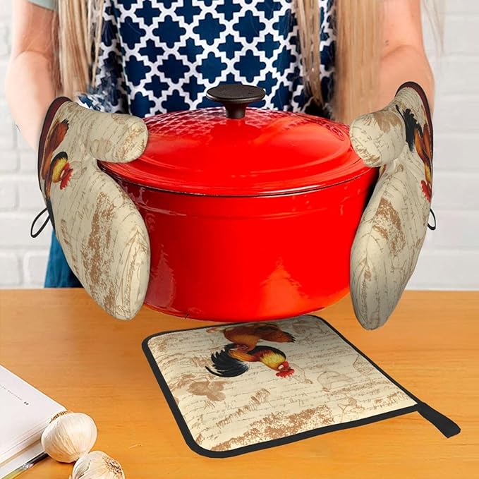 Retro Rustic Pot Holders and Oven Mitts Set of 3, Rooster Chicken Oven Gloves Hot Pads for Baking Cooking Grilling BBQ, Rooster Chicken Decor for Kitchen, Rustic Baking Gifts for Women Chef Baker