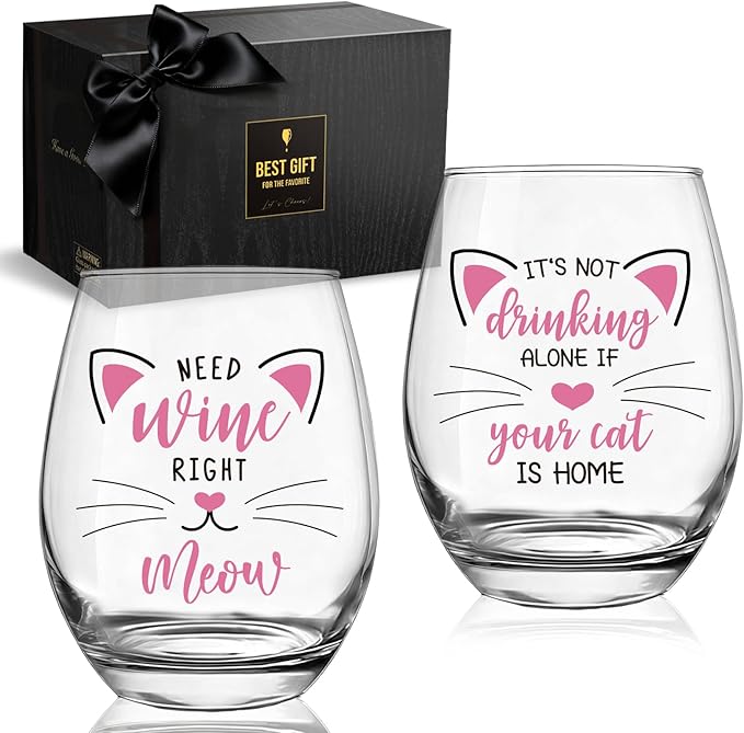 Funny Cat Lover Wine Glasses Gift for Him,Her, Women, Men, Wife, Sister, Bff, Friends, It's Not Drinking Alone, Engagement or Bridal Shower Gift for Cats Lovers, Set of 2 Stemless Wine Glasses -29