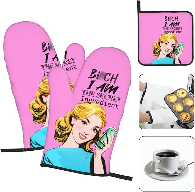 Funny Oven Mitts and Pot Holders Sets, Cute Pink Heat Resistant Oven Gloves and Hot Pads for Baking Cooking Grilling BBQ, Funny Kitchen Baking Gifts for Baker Chef Women