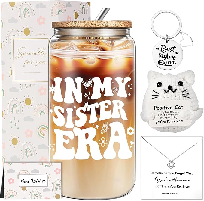 Sisters Christmas Gifts from Sister, Happy Birthday Sister Gifts, Unique Friendship Gift Set with 16oz Glass Cup for BFF Grandma Mom Daughter Teacher