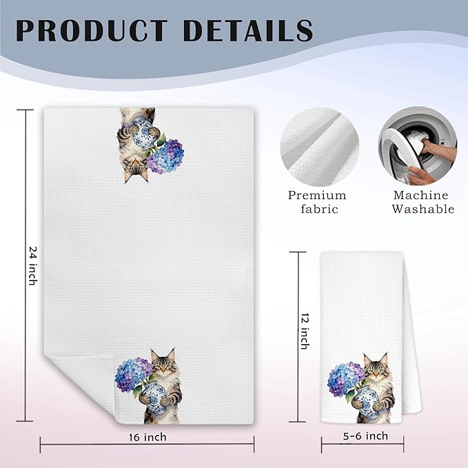 Maine Coon Hydrangea Kitchen Towels, Cat Lovers Mom Gifts Dish Tea Towels for Kitchen Decor, Chinoiserie Porcelain Floral Kitty Decorative Hand Towel Bathroom Decor, 16x24 Inch