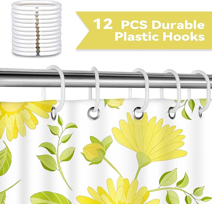 Yellow Daisy Floral Shower Curtain,Spring Summer Sunflower Botanical Waterproof Polyester Fabric Bath Curtain with 12 Hooks,Bright Aesthetic Flower Bath Decor, 72 x 72 Inch