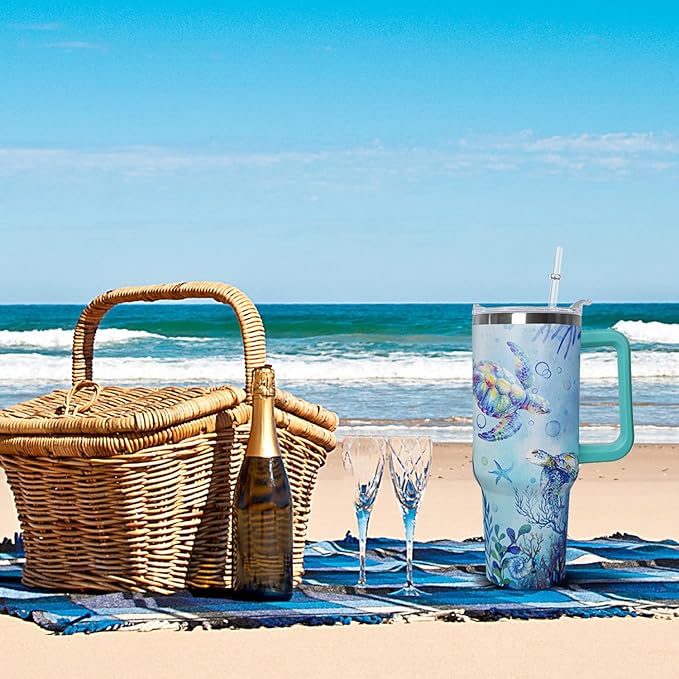 Ceovfoi 40 Oz Sea Turtle Tumbler with Handle Lid and Straw,Double Wall Vacuum Stainless Steel Watercolor Ocean Turtle Cup,Water Bottle,Travel Coffee Mug,Hawaiian Sea Turtle Decor,Accessories