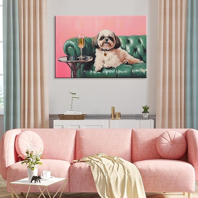 Shih Tzu With Champagne Wrapped Framed Print Poster Whimsical Pet Art Bar Cart Decor Wall Art Room Decor Aesthetics Ready To Hang 16X24 inch