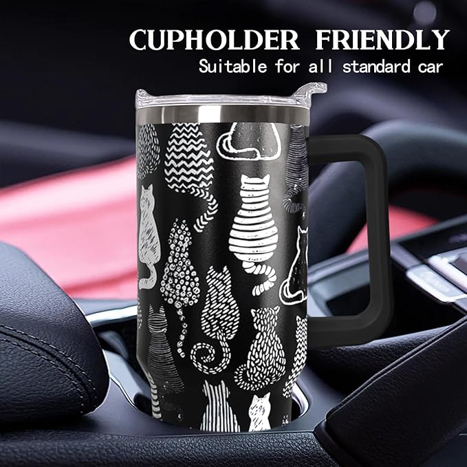 Ceovfoi 40 Oz Black Cat Coffee Travel Mug Cup Water BottleTumbler With Handle,Cat Decor,Black Cat Gifts for Women