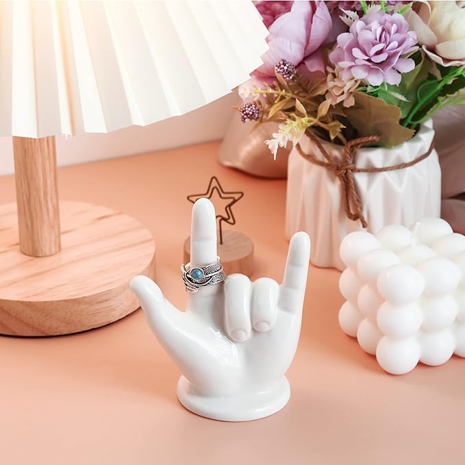 PUDDING CABIN Mothers Day Gifts for Mom Wife, Hand Ring Holder - I LOVE YOU - Wedding Ring Stand, Rings Display, Rings Organizer, Birthday Engagement Gifts for Women, Men, Couple, Home Decor