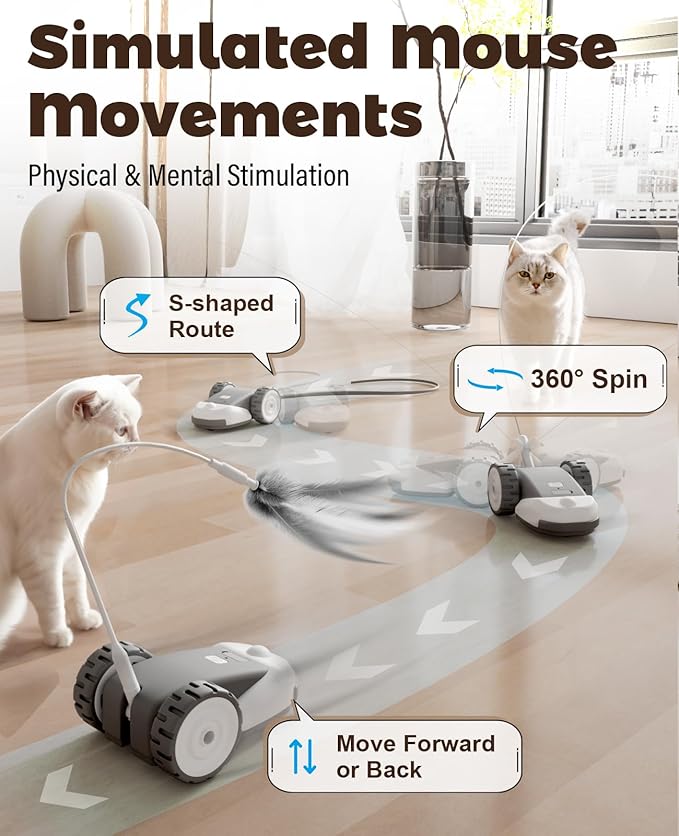 CYROS 3-in-1 Interactive Cat Toy - 2-Speed Automatic Moving Mouse Cat Toys Self Play with 2pcs Hanging Feather String Ribbon and Wiggly Silicone Mice Tail for Bored Indoor Adult Cats Kittens