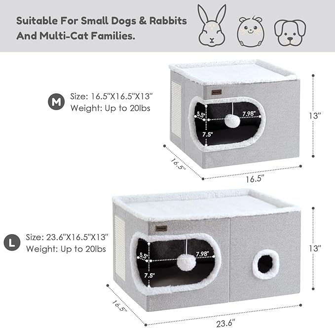 Garnpet Cat Bed for Indoor Cats Cube House, Covered Cat Cave Beds & Furniture with Scratch Pad and Hideaway Tent, Cute Modern Cat Condo for Multi Small Pet Large Kitten Kitty, Large, Grey
