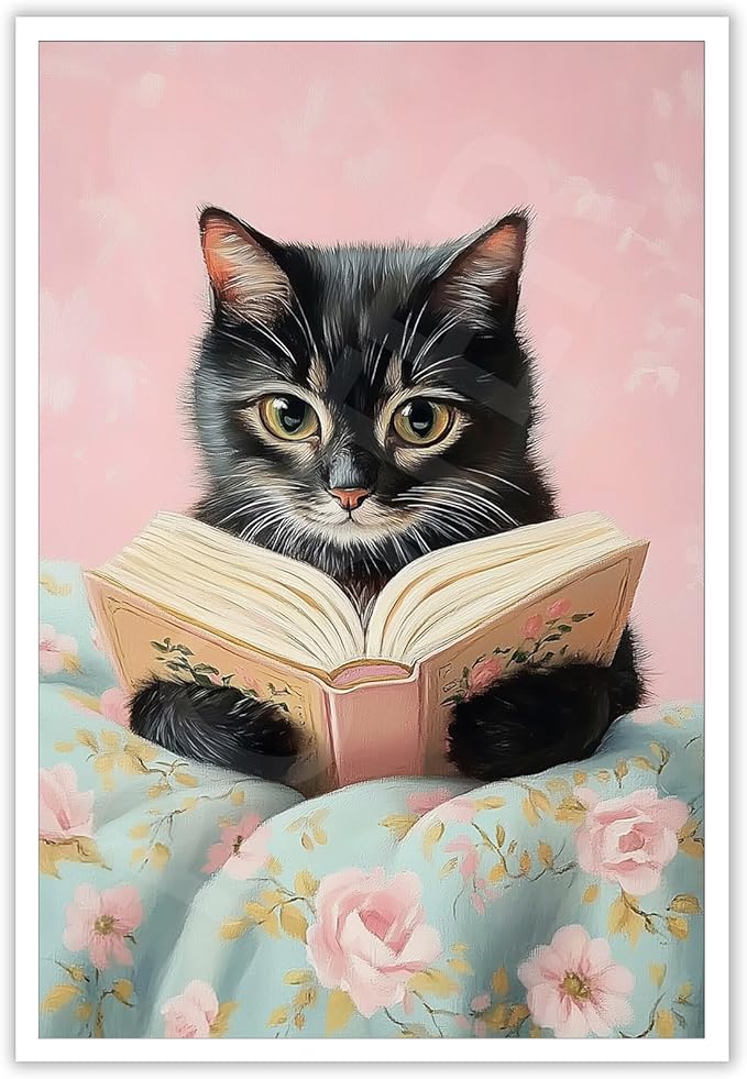 Vintage Cute Cat Canvas Wall Art Funny Cat Covered With Quilt Reading A Book Poster Trendy cat Lovers Animal Aesthetic Prints Painting For Girls Room Bedroom Dorm Wall Decor 12x16in Unframed