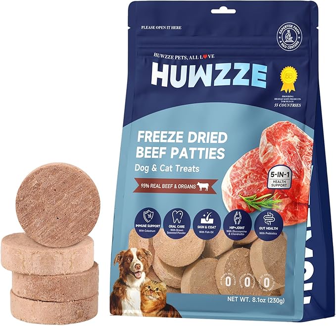 Freeze Dried Beef Patties for Dogs & Cats, High Protein Dog Training Treats, Snacks & Food Toppers 96% Real Beef & Organs, Perfect for Picky Eaters, Grain Free, 8.1 oz