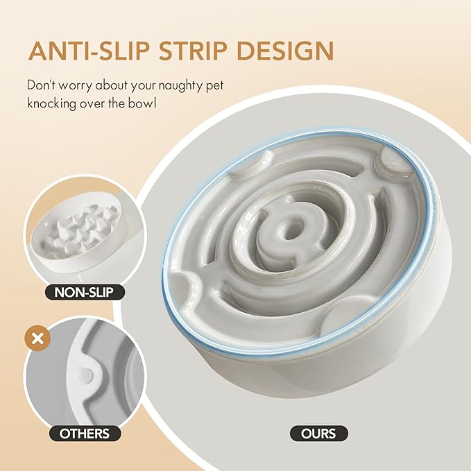 Ceramic 3.2 Cup Dog Bowl Slow Feeder, 9.5 inch Slow Pet Food Dish for Large Dog, Stop Bloat, Preventing Choking(Single Bowl,Reactived Glaze -White)
