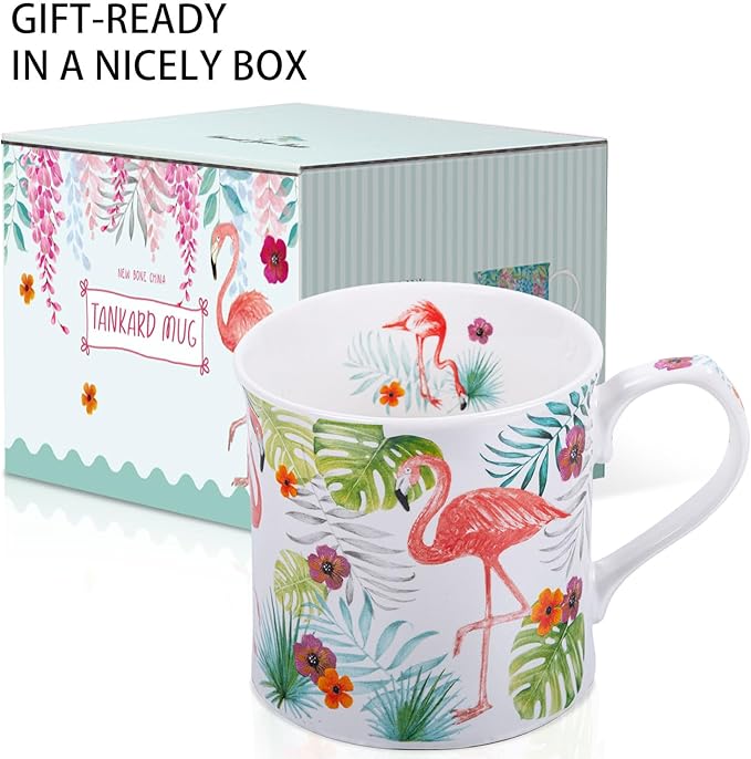 Flamingo Coffee Mug, Pink Flamingo & Tropical Plants Ceramic Mug, 12oz New Bone China Tea Mug, Birthday & Valentine’s Day Gift for Women & Girls, Designed in England by Harvest Green Studio