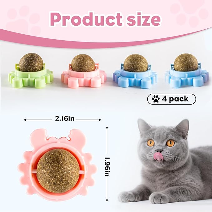 360° 4 Pack Catnip Ball for Cats Wall Mounted with Licking Roller and Spinning Motion - Interactive Treat Toy for Indoor Cats, Promotes Teeth Cleaning, Anxiety Relief and Active Play