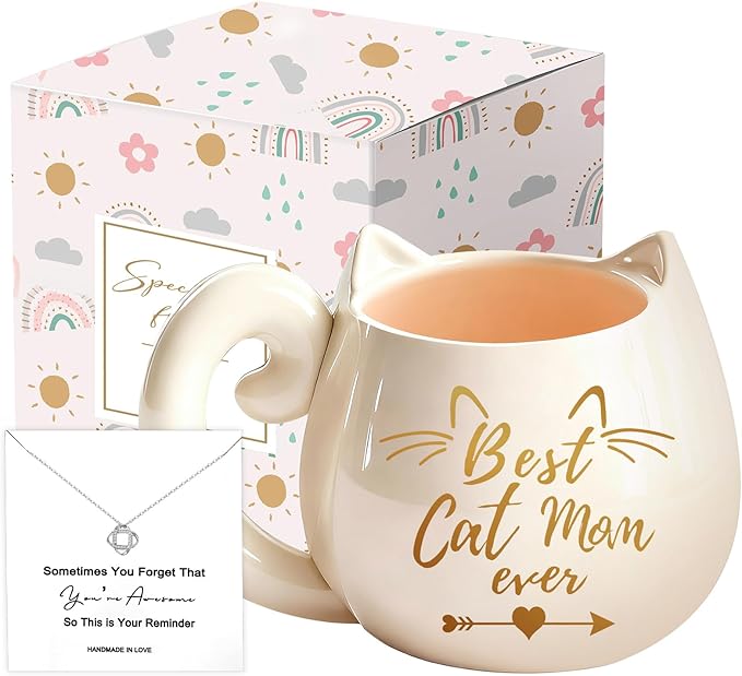 Best Cat Mom Ever Gifts for Women with 11Oz Coffee Mug and Exquisite Necklace, Perfect for Cat Lovers,Ideal for Mother's Day,End of Years Thank You Birthday& Daily Surprises