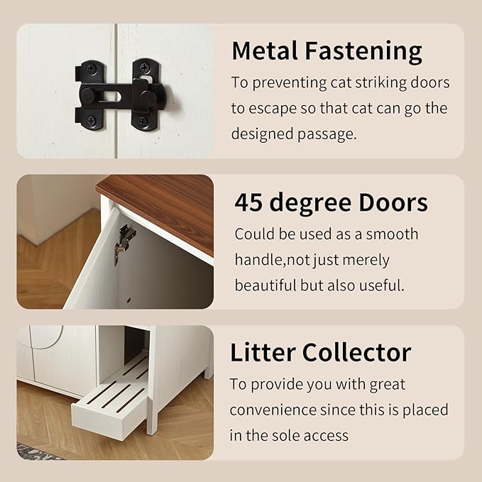 Cat-Faced Litter Enclosure for Placing Cat Robot 3/4, Power Outlet for More Choices, Litter Collector and Dog-Proof Adjustable Shelf (Antique White)