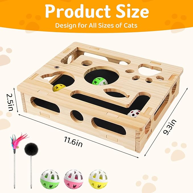 Interactive Wooden Cat Puzzle Toy for Indoor Cats Felt Maze Box with 3 Balls & 2 Cats Teasers, Cats Nail File Enrichment Box Hunting Exercise Toy for Kittens, Stimulating Cat Energy and Instincts
