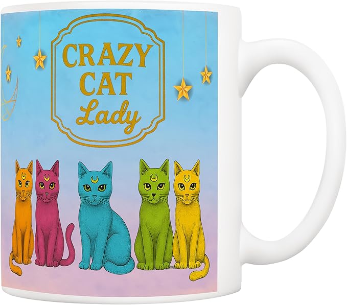5Aup Crazy Cat Lady Mug Gifts 11oz – 5 Neon Cats & Starry Sky Ceramic Cup, Cat Mum Keepsake, Whimsical Coffee Tea Mug for Birthdays Any Day