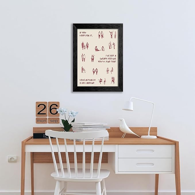 Love Actually Is All Around Wall Art Red Vintage Aesthetic Quotes Poster Minimalist Funky Small People Canvas Prints for Living Room Bedroom Wall Decor 12X16 inch Black Framed
