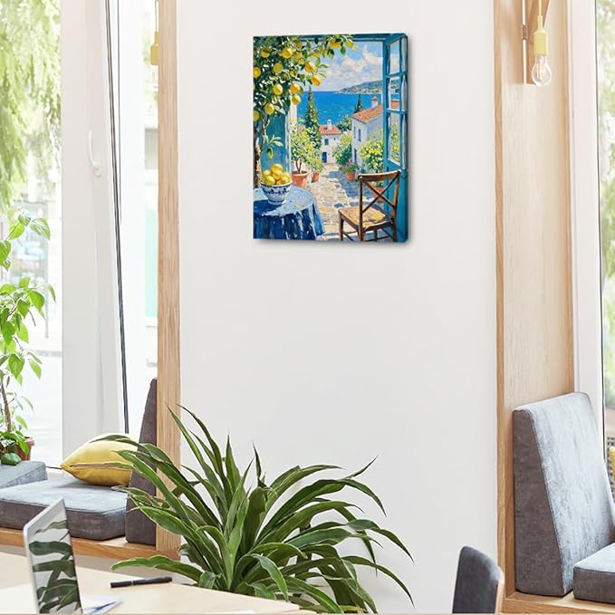 Italy Coast Wall Art, Nature Landscape Watercolor Painting Framed Canvas Print Modern Home Decor, Summer Aesthetic Italian Lemon Prints for Living Room Kitchen Farmhouse Decorations 15x11.4 inch
