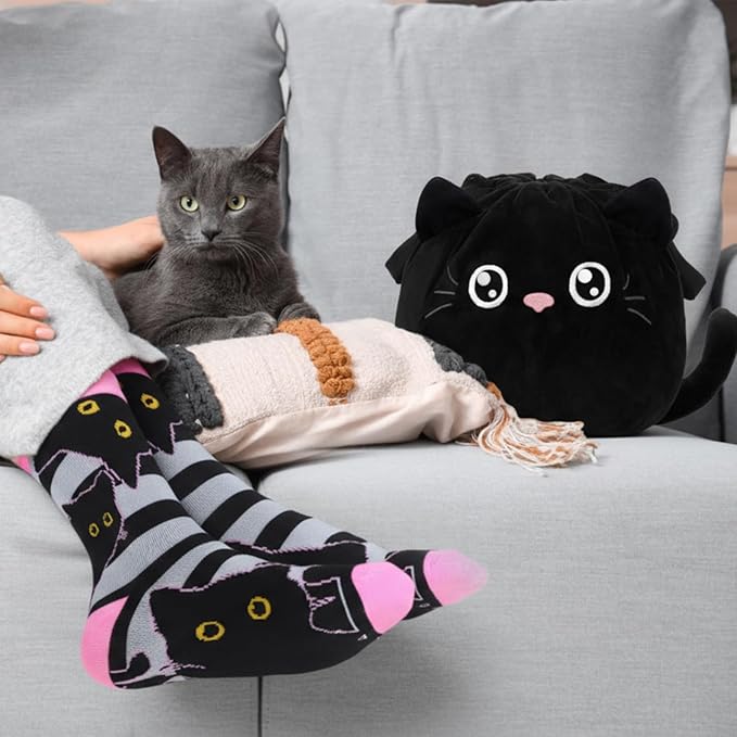 Cutecrop 7 Pcs Christmas Black Cat Gifts for Women Christmas Kitten Gift Sets for Women Black Cat Beanie Winter Hats Socks Kitten Drawstring Makeup Bag Animal Lover Presents for Mom Wife Coworker
