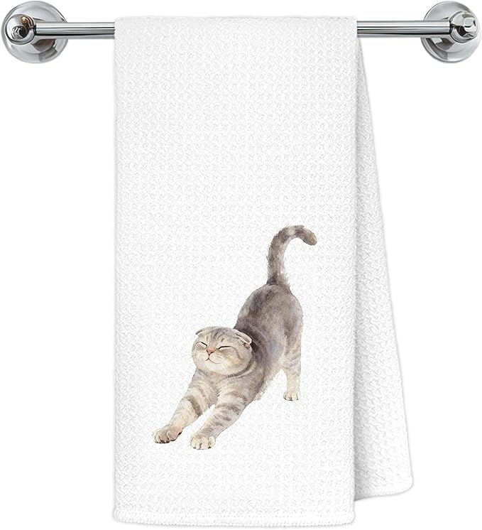 Scottish Fold Cat Kitchen Towels, Cat Owner Gifts Dish Tea Towels for Kitchen Decor, Cute Kitty Kitten Stretching Decorative Hand Towel Bathroom Decor, 16x24 Inch
