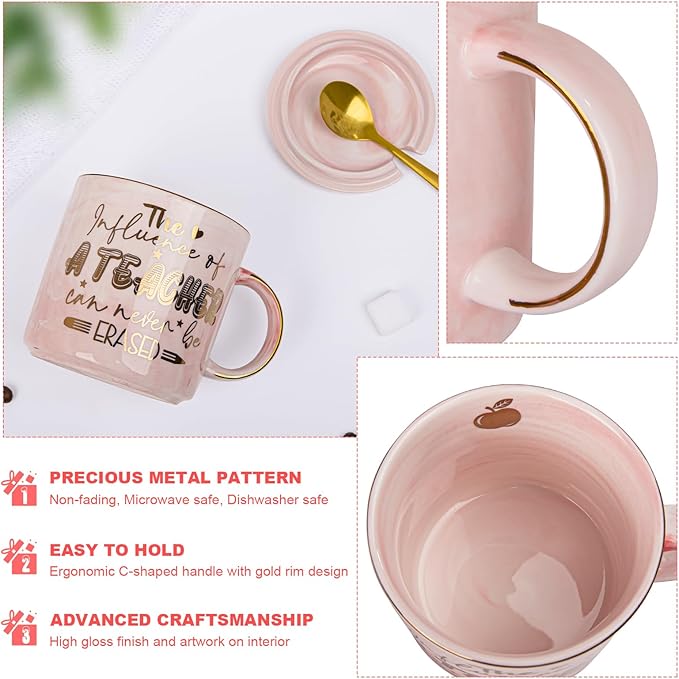 Teacher Appreciation Gifts for Women, Teacher Birthday, Retirement, Back to School, Graduation, End of Year Gifts - The Influence of A Teacher Can Never Be Erased, 14oz Gold Pattern Marble Mug
