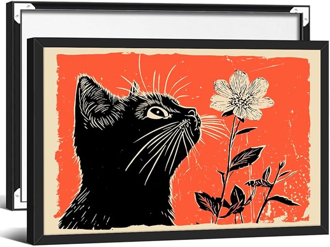 Black Cat Posters Vintage Animal Botanical Wall Art Cute Cat Sniffing Flower Canvas Painting Gift For Cat Lover 24x36 inch Black Framed Living Room Gallery Wall Decor