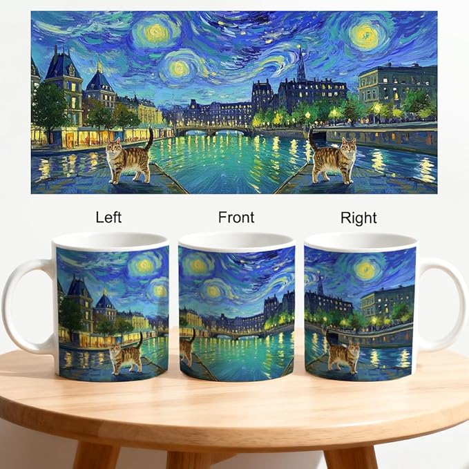 Famous Oil Painting Starry Night Cat Art Theme Double-Sided Ceramic Mug, Famous Art Parody Funny Cats Mug for Pet Lover, Kitty Lover Gifts for Men Women, Christmas Birthday Gifts for Cat Mom