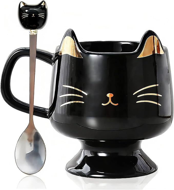 Christmas Mugs High-Footed Ceramic Cat Mug – 13.5oz Unique Coffee Cup with kitty Expression Design, Fun Gift for Women, Girls, Kids, Cat Lovers (black)