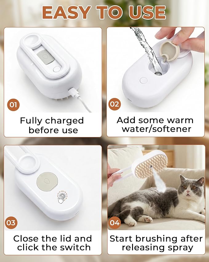 Cat Steam Brush for Shedding 4 in 1 Pet Rechargeable Spray Hair Removal Comb for Indoor Cats with Pets 360-Degree Rotatable Flea Comb Grooming Supplies Suitable for All Long-haired and Short-haired